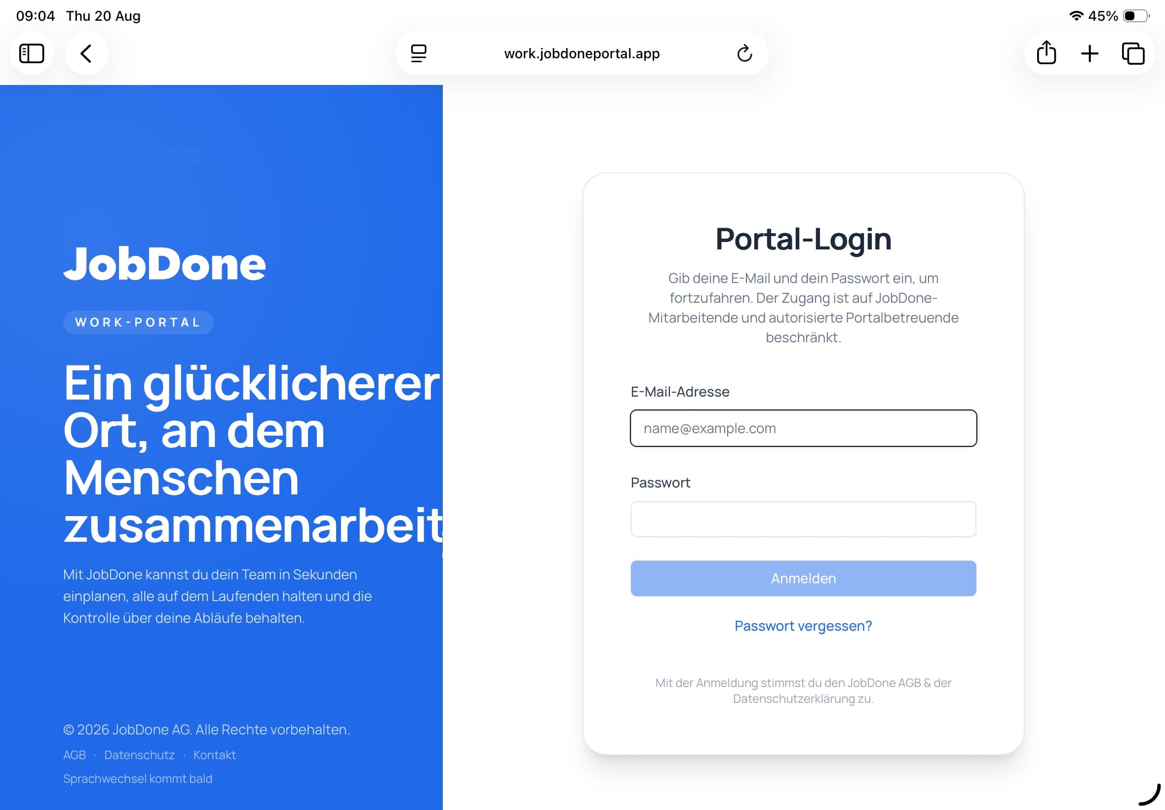 JobDone Portal Anmeldeseite in Safari auf einem iPad