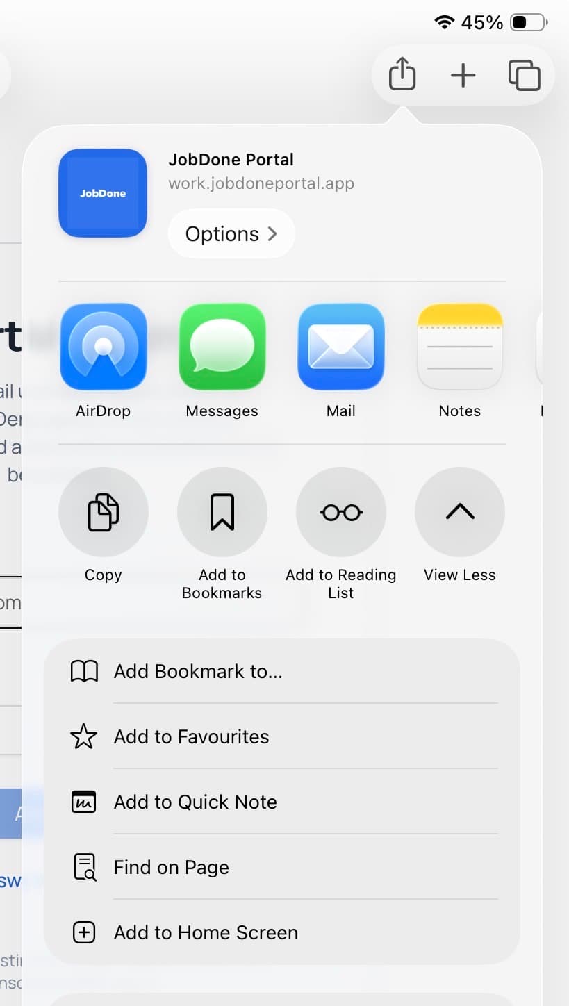 Safari Aktionsliste mit Zum Home-Bildschirm für das JobDone Portal