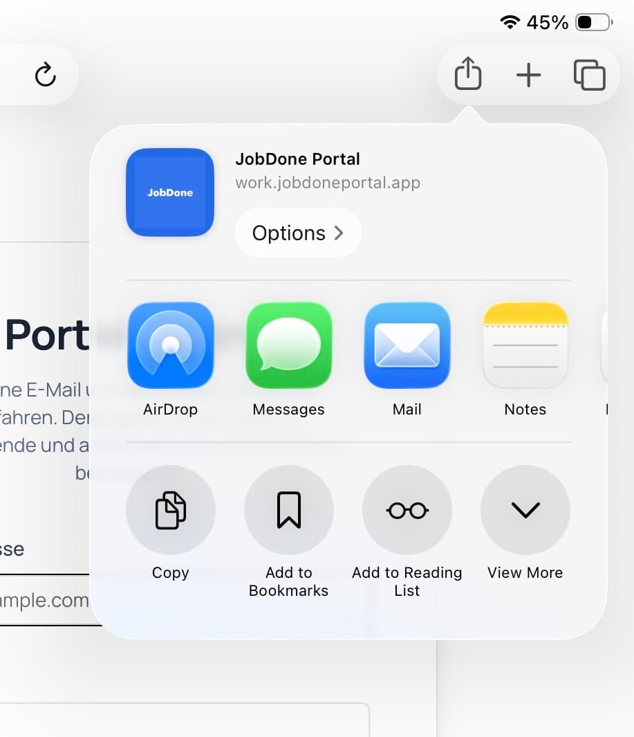 Safari Teilen-Menü für das JobDone Portal