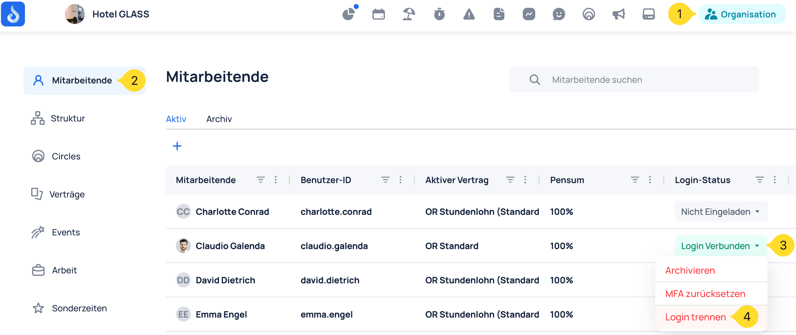 JobDone employee list with the steps for disconnecting a linked login highlighted in the German interface