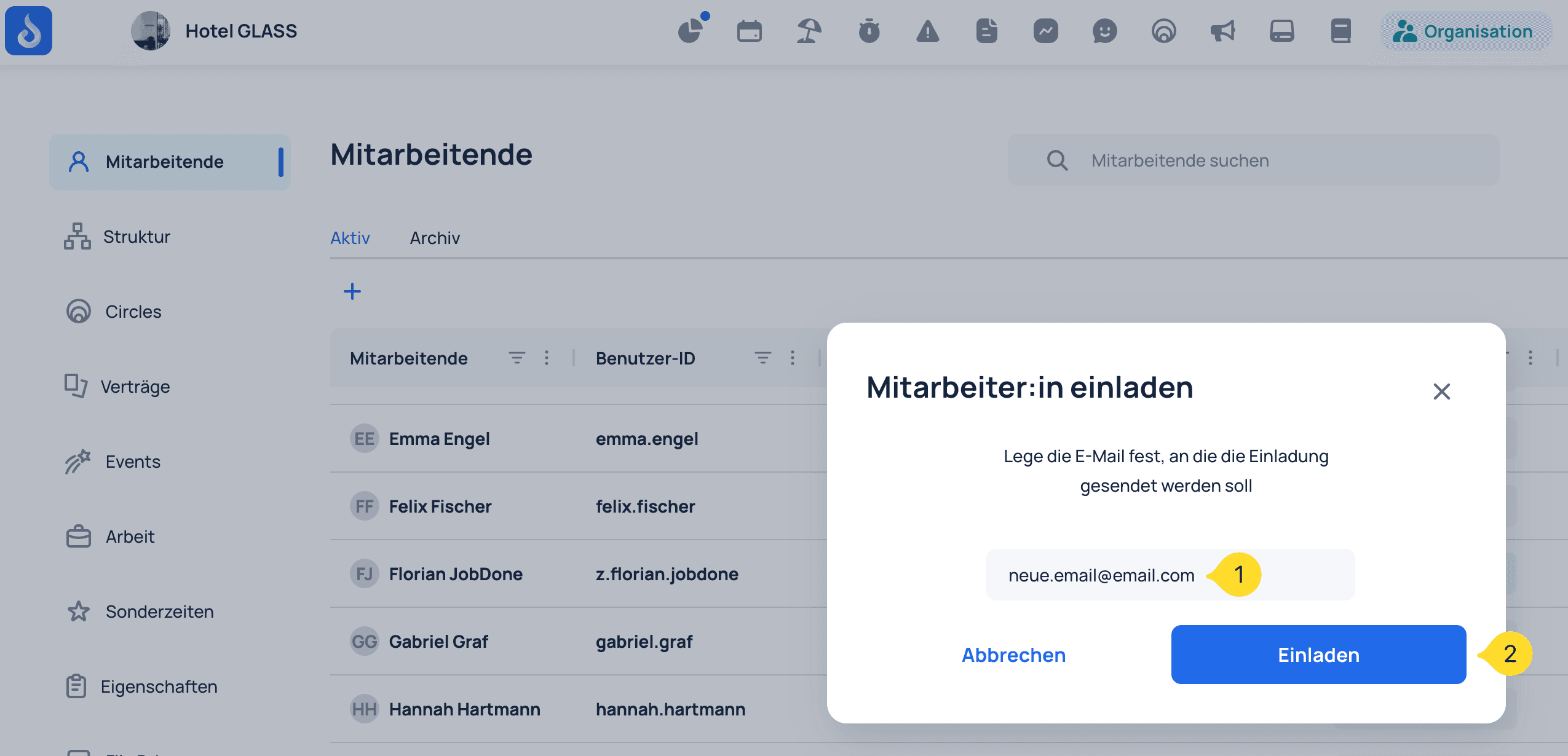 JobDone employee invitation dialog with the email field and Invite button highlighted in the German interface