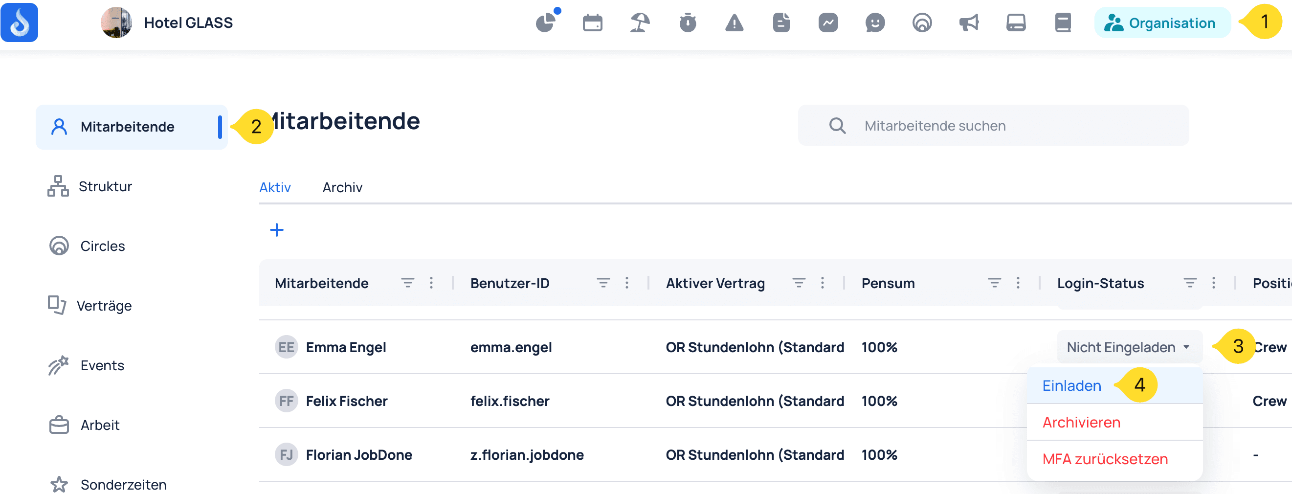 JobDone employee list with the steps for inviting an employee again highlighted in the German interface