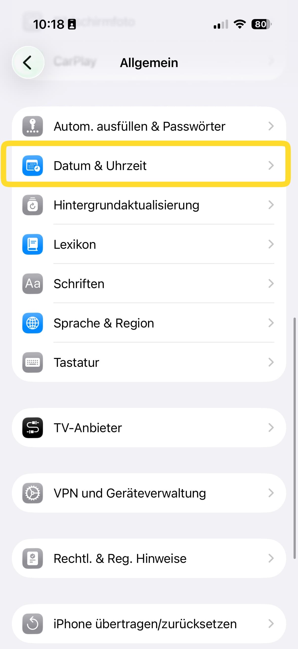 iPhone-Menü Allgemein mit markiertem Eintrag Datum und Uhrzeit