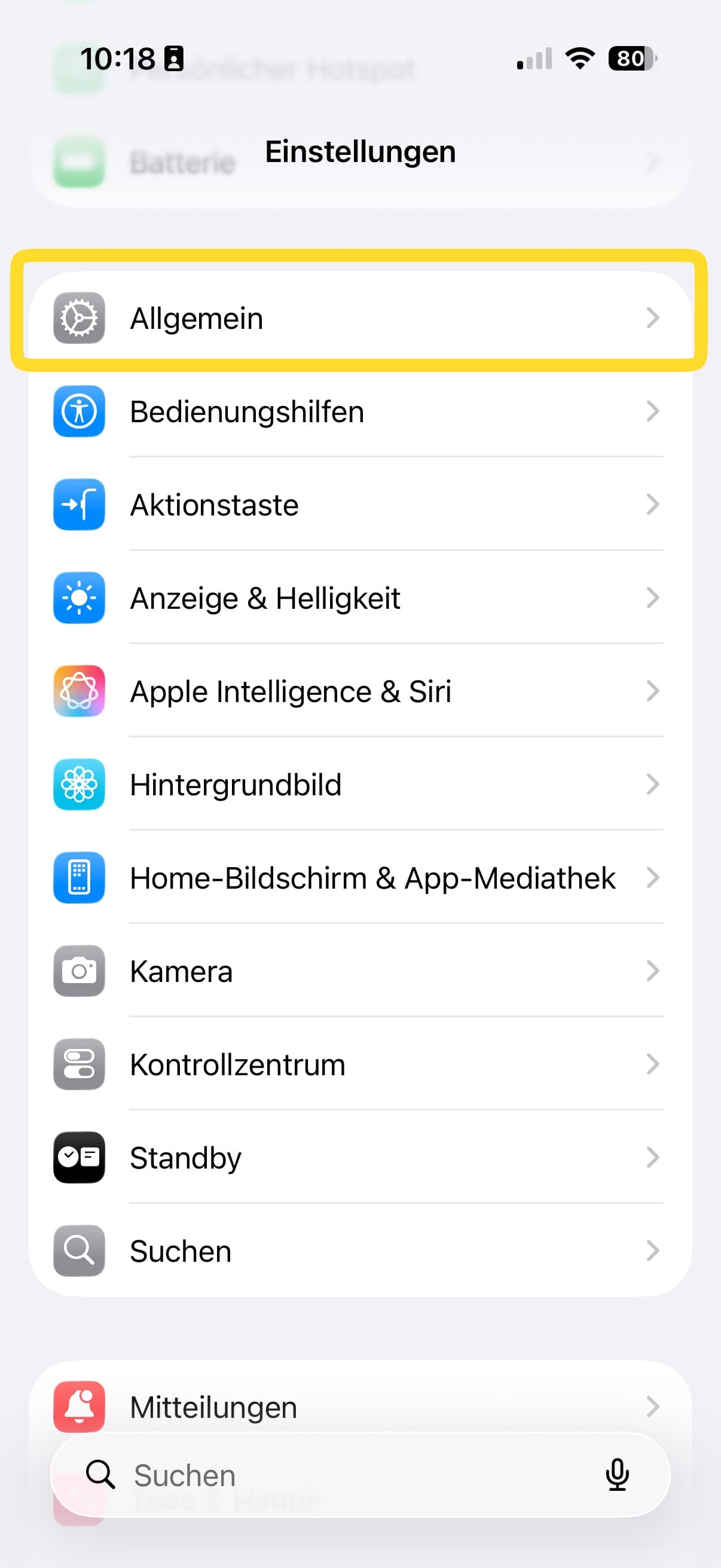 iPhone-Einstellungen mit markiertem Menüpunkt Allgemein